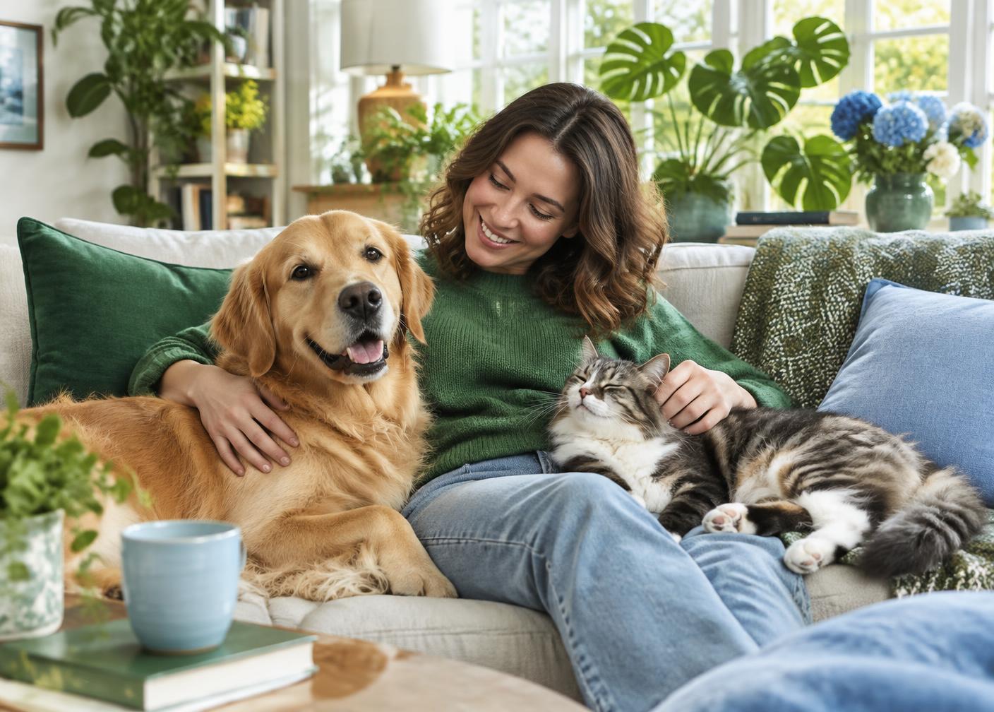 A pet owner relaxing at home with her dog and cat